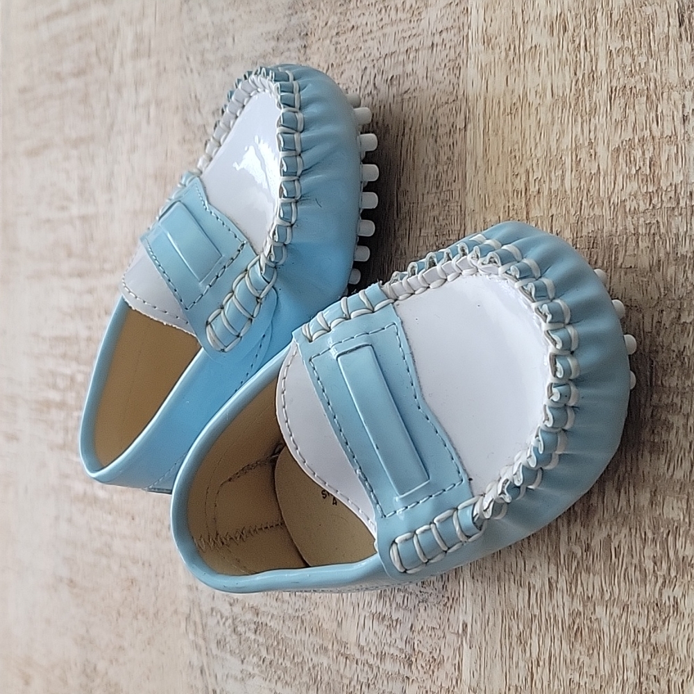 Trumpette Baby Boy Blue White Patent Slip On Loafer Mini Mocs Shoes Sz4